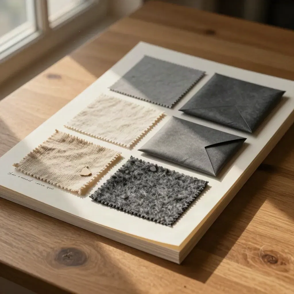 Brand strategy board with swatches, stone chips, and sealed concept packs on warm oak.