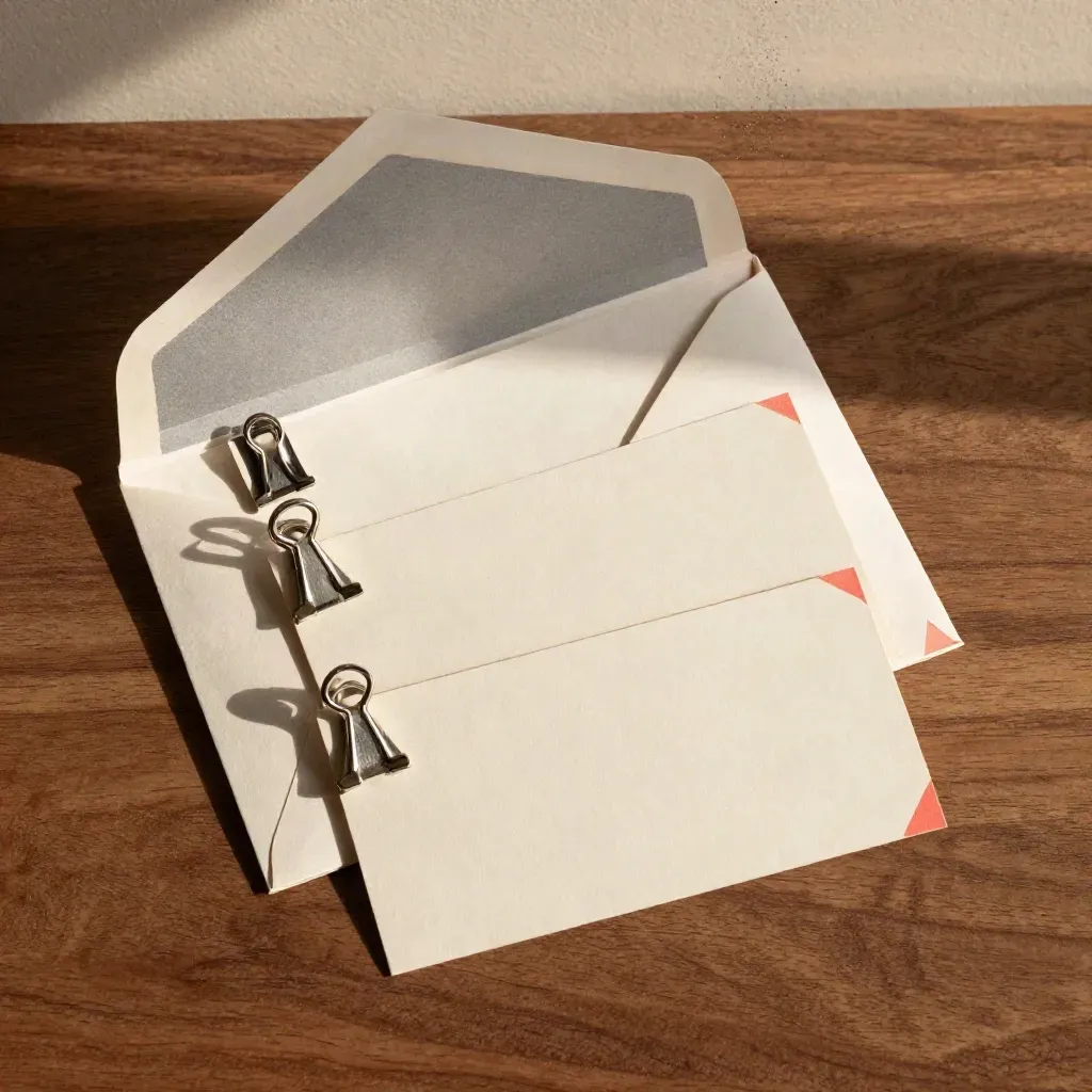 Overhead flatlay of shortlist cards, sample tags and an envelope on walnut with graphite dust