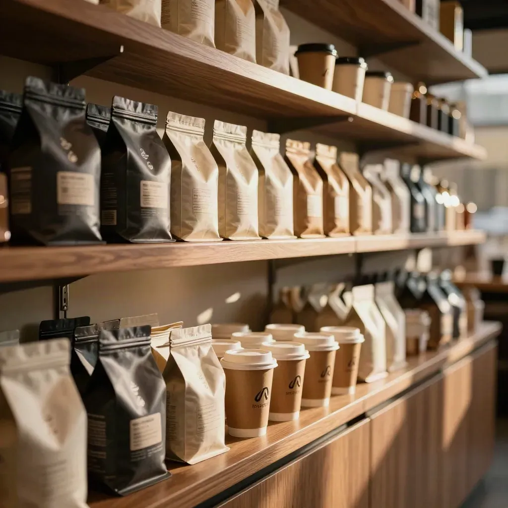 Café shelf with nearly sold-out coffee bags, display trays, and takeaway cups in warm cinematic light