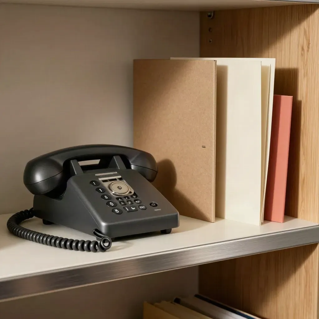 Off-hook desk phone beside binders and a proposal folder on a studio shelf