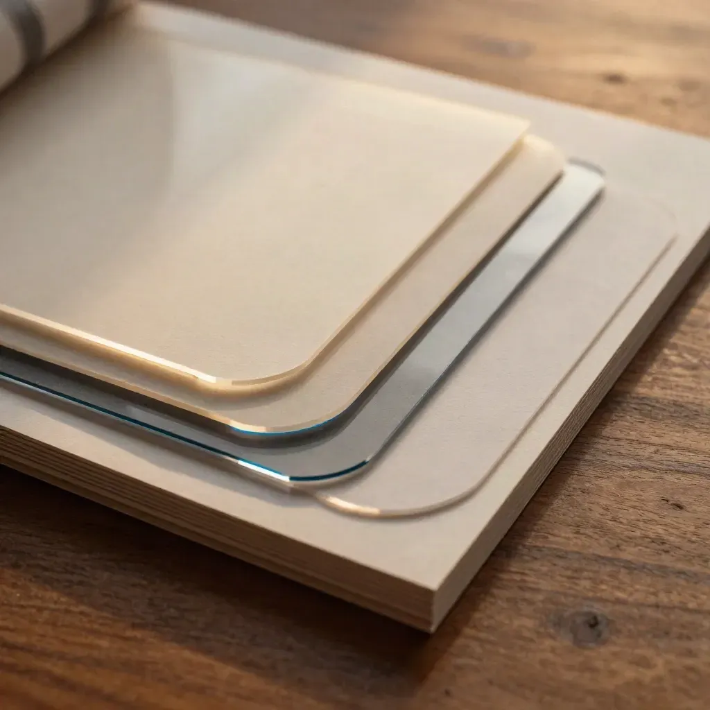 Chipboard logo samples and acetate arcs on a walnut surface with dramatic light