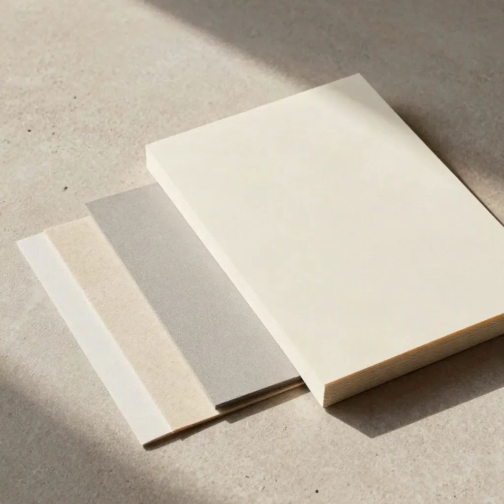 Overhead still life of blank cards, paper swatches, and a tabbed folder on plaster.